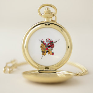 Xmas Lighting Santa Riding Goldendoodle Dog Christ Pocket Watch