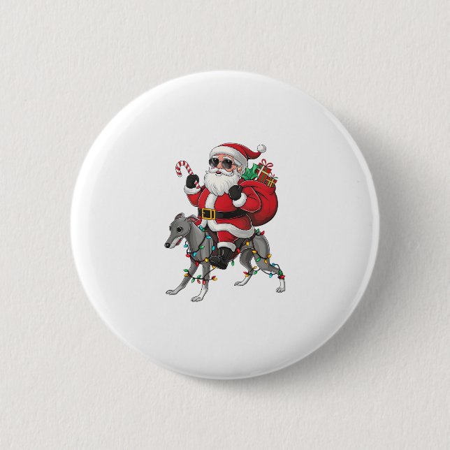 Xmas Lighting Santa Riding Italian Greyhound Dog C Button (Front)
