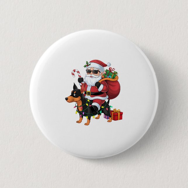 Xmas Lighting Santa Riding Miniature Pinscher Dog  Button (Front)