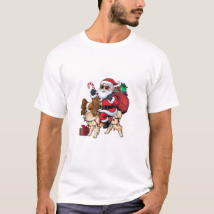 Xmas Lighting Santa Riding Papillon Dog Christmas T-Shirt