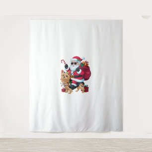 Xmas Lighting Santa Riding Yorkie Dog Christmas Tapestry