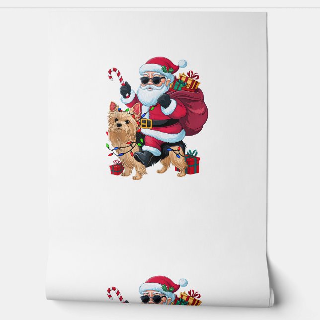 Xmas Lighting Santa Riding Yorkie Dog Christmas  Wallpaper (Unrolling)