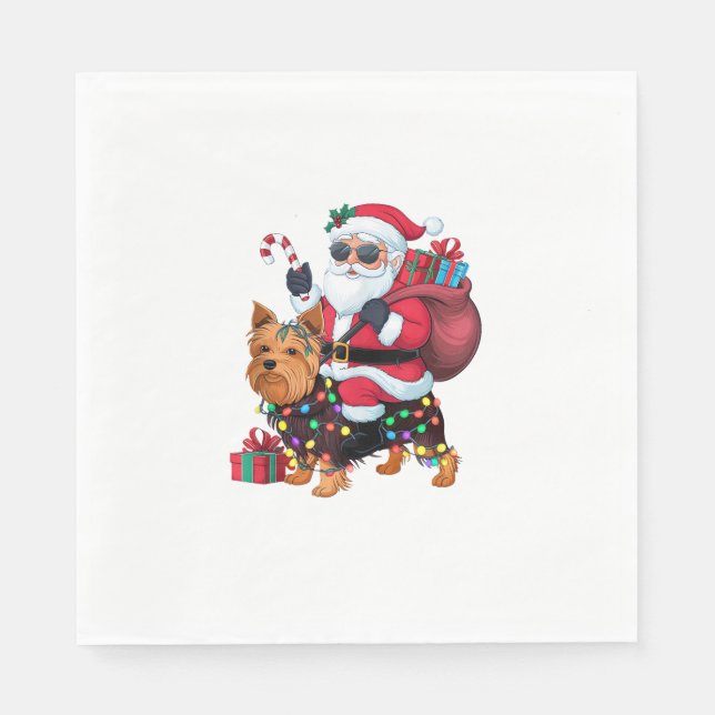 Xmas Lighting Santa Riding Yorkshire Terrier Dog C Napkins (Front)