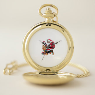 Xmas Lighting Santa Riding Yorkshire Terrier Dog C Pocket Watch
