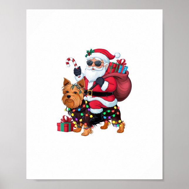 Xmas Lighting Santa Riding Yorkshire Terrier Dog C Poster (Front)