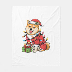 Xmas Lighting Santa Shiba Inu Dog Christmas Fleece Blanket