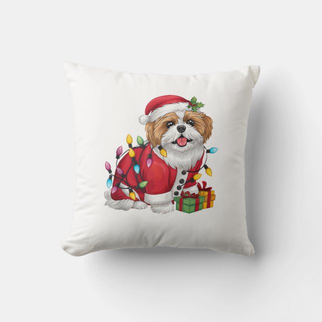 Xmas Lighting Santa Shih Tzu Dog Christmas  Throw Pillow (Front)