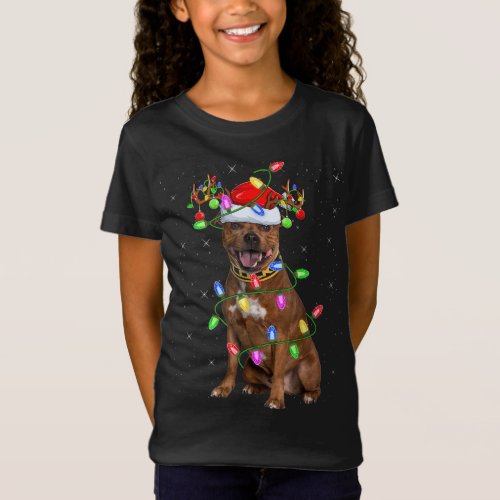 Xmas Lighting Santa Staffordshire Bull Terrier Dog T_Shirt