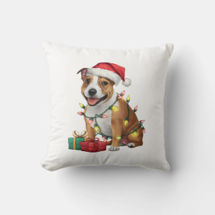 Xmas Lighting Santa Staffordshire Bull Terrier Dog Throw Pillow