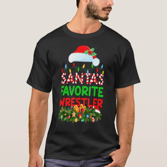 Xmas Lighting Santa's Favorite Wrestler Christmas T-Shirt (Front)