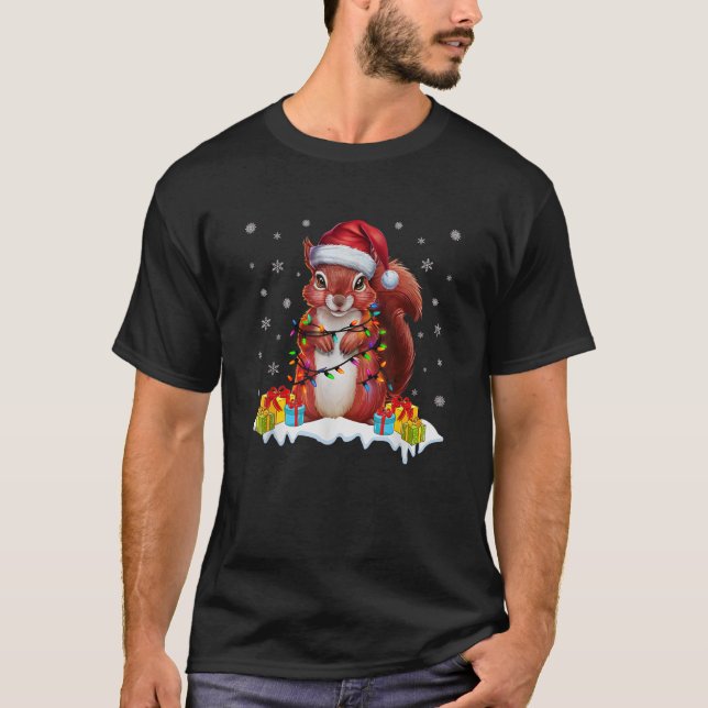 Xmas Lighting Squirrel Wearing Santa Hat Ugly Chri T-Shirt (Front)