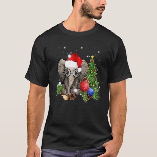 Xmas Lighting Tree Santa Hat Cute Elephant Christm T_Shirt