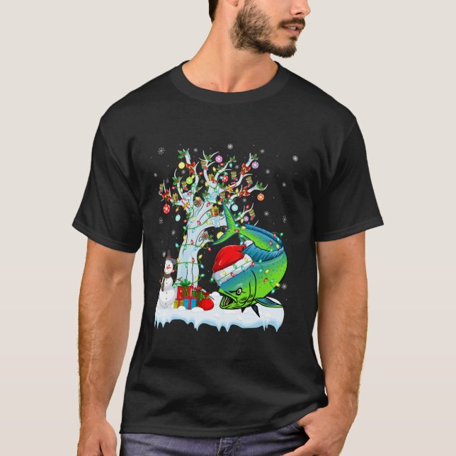 Xmas Lighting Tree Santa Hat Mahi Mahi Fish Christ T-Shirt (Front)