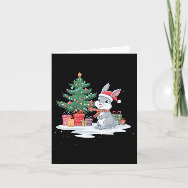 Xmas Lighting Tree Santa Hat Rabbit Bunny Christma Card (Front)