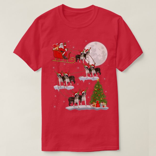 Xmas Lighting Tree Santa Riding Boston Terrier Chr T-Shirt (Design Front)