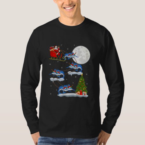 Xmas Lighting Tree Santa Riding White Marlin Fish T_Shirt