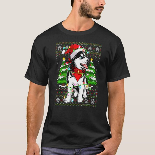 Xmas Lighting Ugly Santa Siberian Husky Christmas T-Shirt (Front)