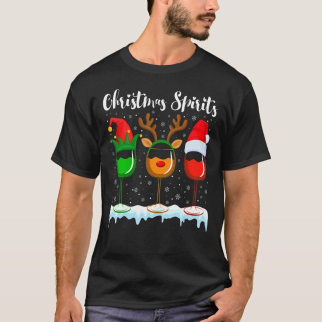 Xmas Lights Elf Christmas Spirits Glasses Of Wine  T-Shirt (Front)