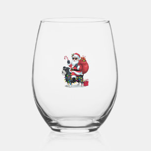 Xmas Lights Funny Santa Riding Border Terrier Dog  Stemless Wine Glass