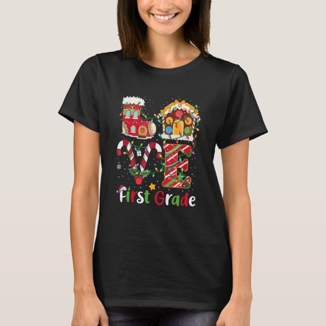 Xmas Lights Love First Grade Teacher Christmas T-Shirt (Front)