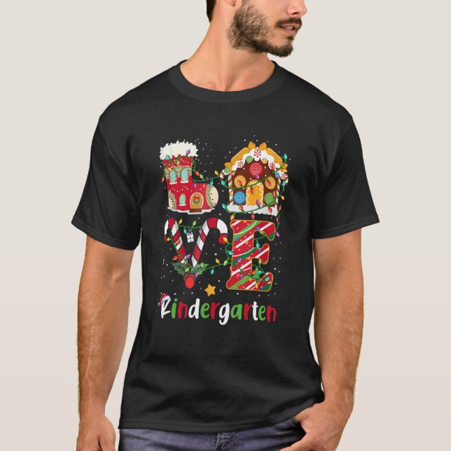 Xmas Lights Love Kindergarten Teacher Christmas T-Shirt (Front)