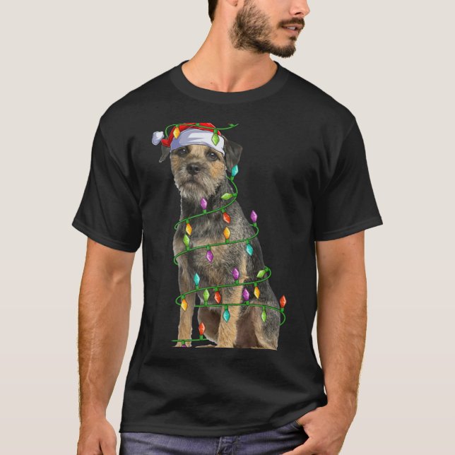 Xmas Lights Santa Hat Border Terrier Dog Christmas T-Shirt (Front)