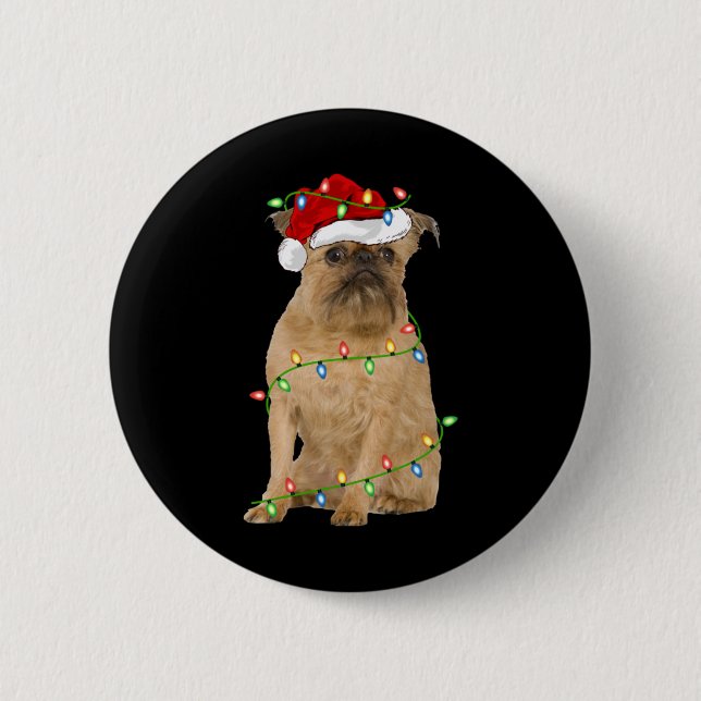 Xmas Lights Santa Hat Brussels Griffon Dog Christm Button (Front)