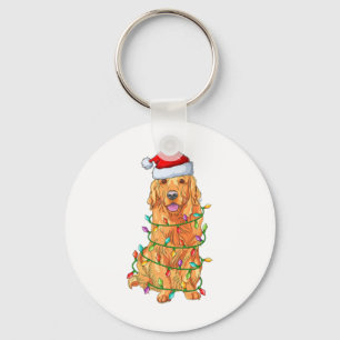 Xmas Lights Santa Hat Golden Retriever Dog Christm Keychain