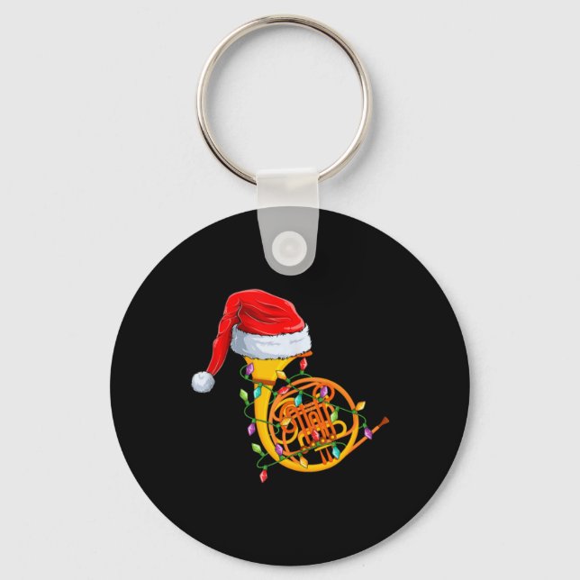 Xmas Lights Santa Hat Musical French Horn Christma Keychain (Front)