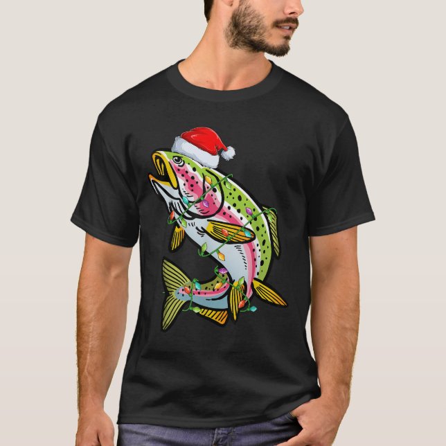 Xmas Lights Santa Hat Rainbow Trout Fish Christmas T-Shirt (Front)