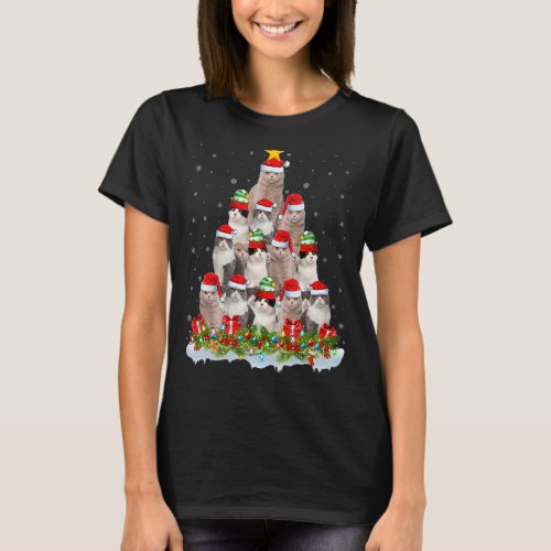 Xmas Lights Santa Scottish Fold Cat Christmas Tree T-Shirt