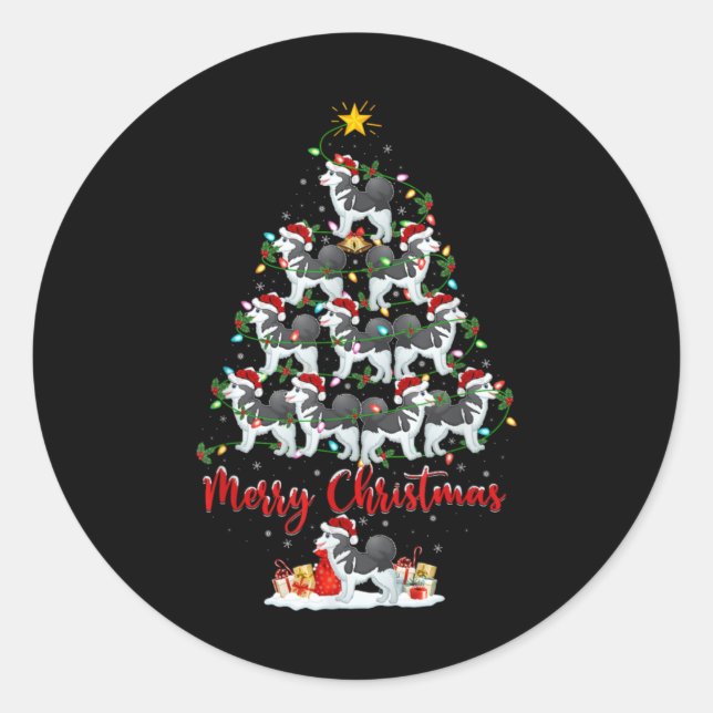 Xmas Lights Santa Siberian Husky Dog Christmas Tre Classic Round Sticker (Front)