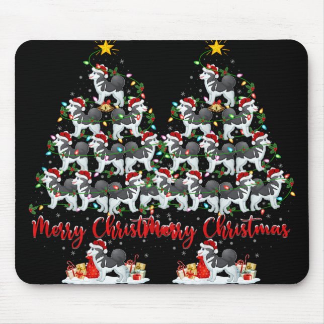 Xmas Lights Santa Siberian Husky Dog Christmas Tre Mouse Pad (Front)