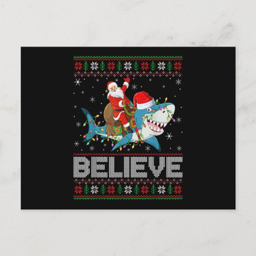 Xmas Lights Shark Believe Ugly Santa Riding Shark  Postcard