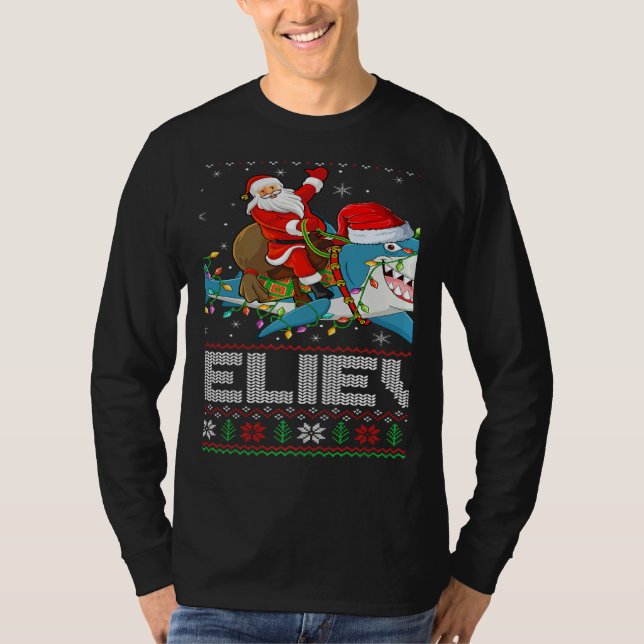 Xmas Lights Shark Believe Ugly Santa Riding Shark  T-Shirt (Front)