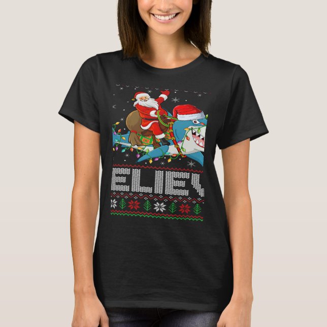 Xmas Lights Shark Believe Ugly Santa Riding Shark  T-Shirt (Front)