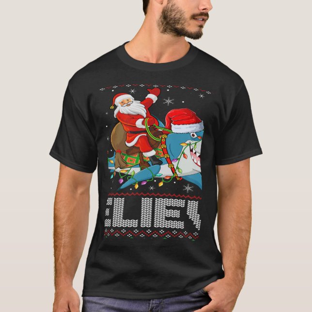 Xmas Lights Shark Believe Ugly Santa Riding Shark  T-Shirt (Front)