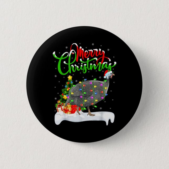 Xmas Lights Tree Santa Guinea Fowl Bird Merry Chri Button (Front)