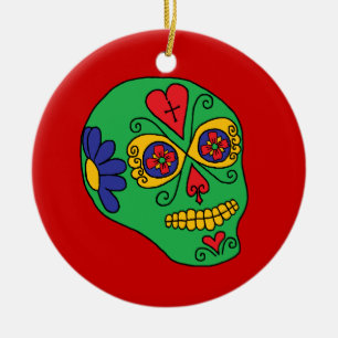 Xmas Lucha Libre Sugar Skull Ceramic Ornament
