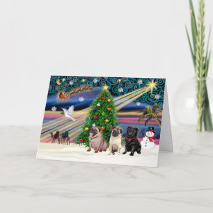 Xmas Magic-3Pugs-2fawn-1blk Holiday Card