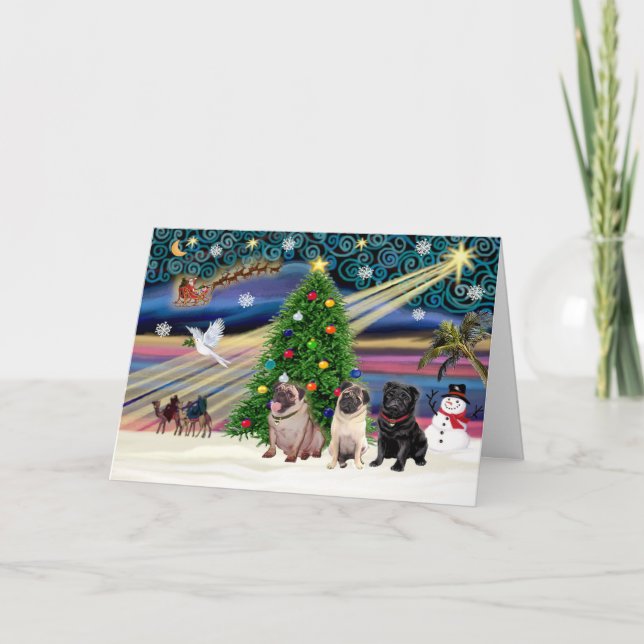 Xmas Magic-3Pugs-2fawn-1blk Holiday Card (Front)