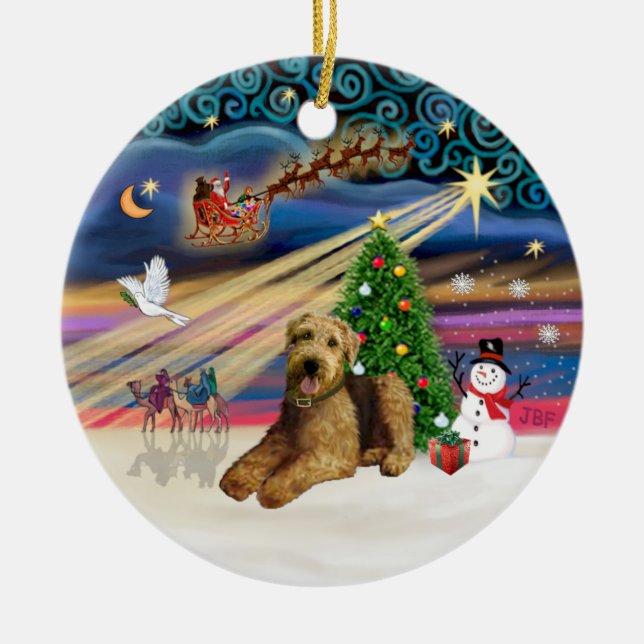 Xmas Magic - Airedale 5 (lying down) Ceramic Ornament (Front)