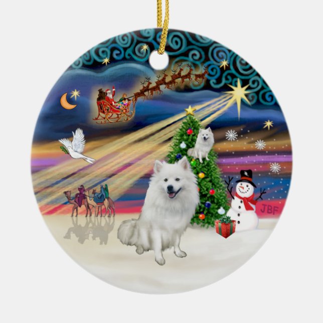 Xmas Magic - American Eskimo Dog Ceramic Ornament (Front)