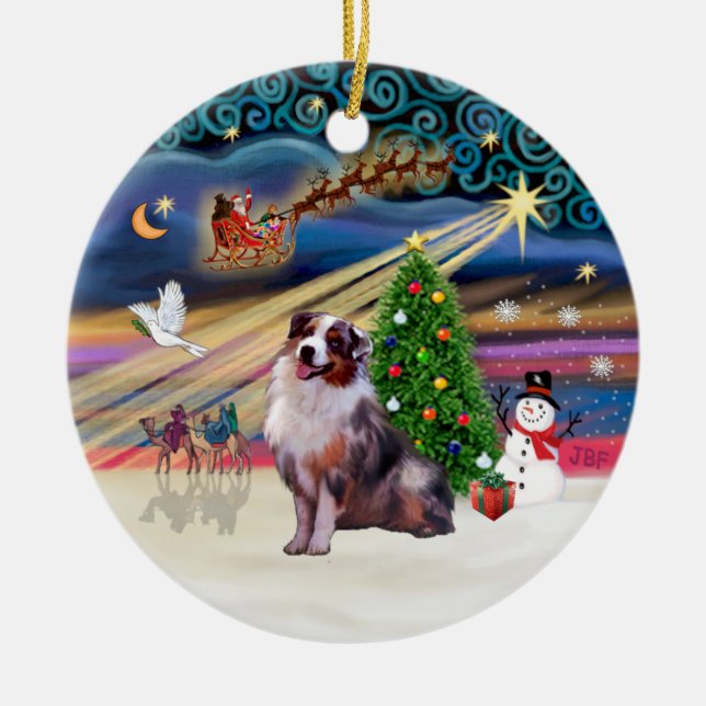 Xmas Magic - Aussie Shepherd 1 (merle) Ceramic Ornament (Front)