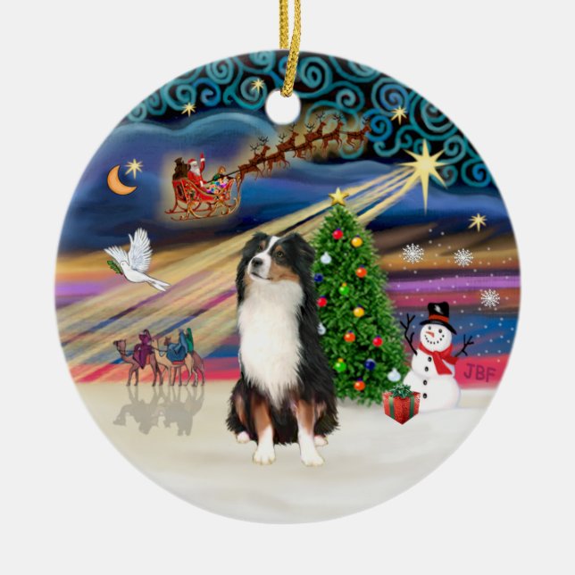 Xmas Magic - Aussie Shepherd (tri) Ceramic Ornament (Front)