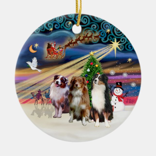 Xmas Magic - Aussie Shepherds (three) Ceramic Ornament (Front)