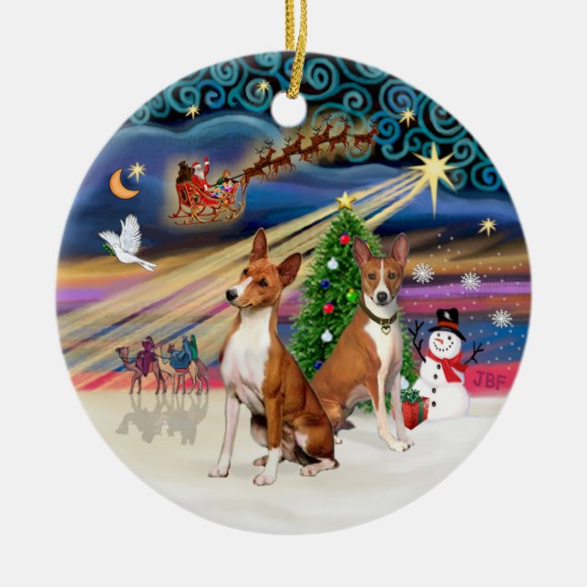 Xmas Magic - Basenjis (two) Ceramic Ornament (Front)