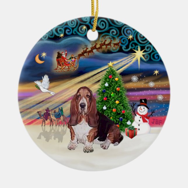 Xmas Magic - Basset Hound Ceramic Ornament (Front)