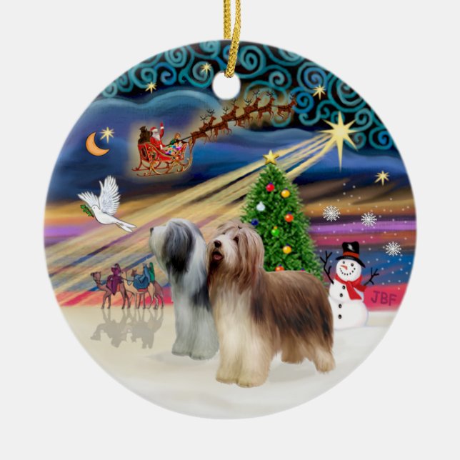 Xmas Magic - Bearded Collie (two standing) Ceramic Ornament (Front)