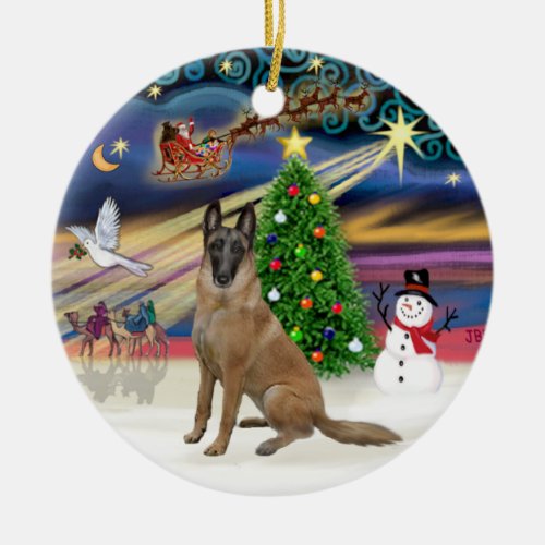 Xmas Magic_Belgian Malinois 1r Ceramic Ornament